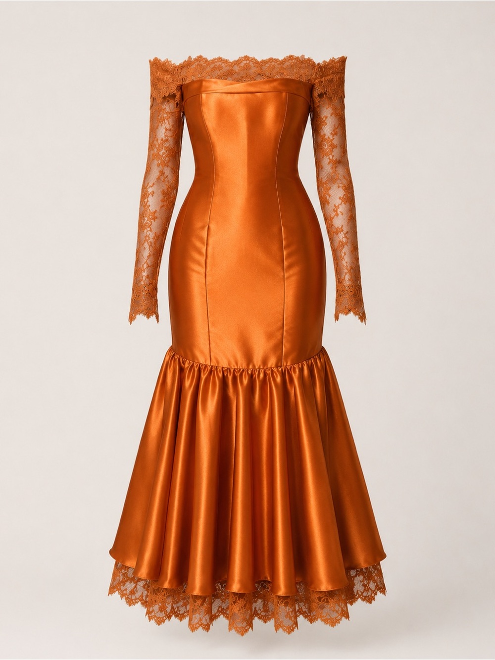 Off-Shoulder Orange Satin Lace Mermaid Maxi Dress